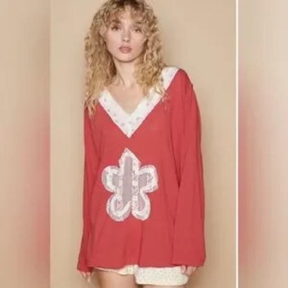 POL Lace Flower Patch Long Sleeve Long sleeve top Size Large